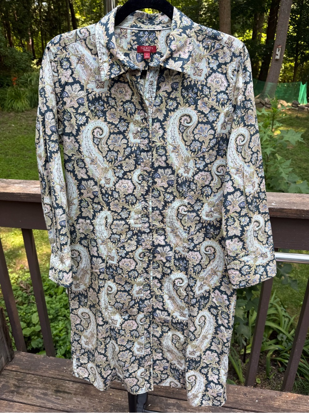 Talbots Long-Sleeve Paisley Button-Down Tunic in Black and Cream